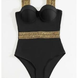 Black Push Up One Piece Swimsuit Sz M Gold Sequins Wide Strap PUSHUP Padded Luxe